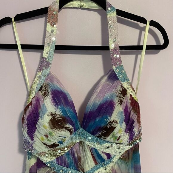 B Darlin Prom Dress Size 9 10 Halter Beaded Satin Maxi Purple Blue Chiffon - Picture 2 of 11